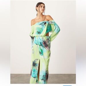 ASOS Floral Twist Knot Maxi Dress Size 4 Off Shoulder Cutouts Green Blue New